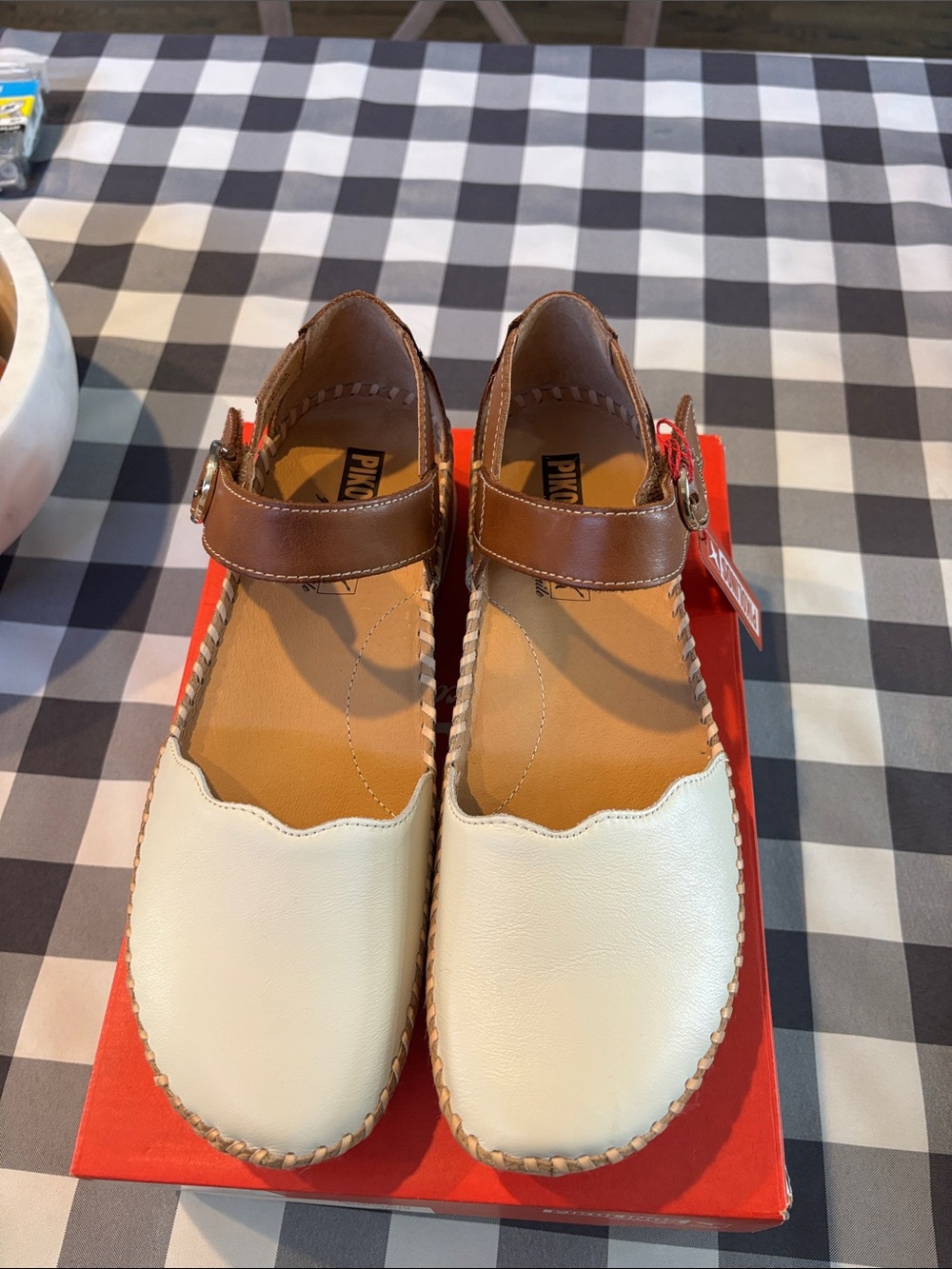 PIKOLINOS Marina Cream and Brown Mary Jane Espadrille Type Shoes